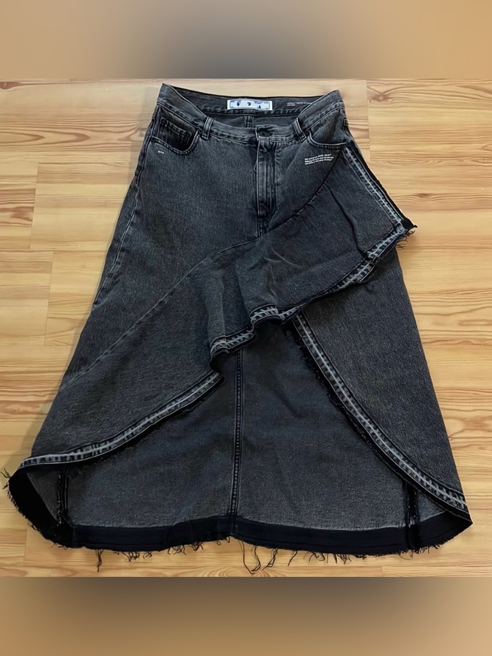 Off-White Denim Maxi Skirt asymmetrical hem condition black grey logo EUC - Picture 3 of 12